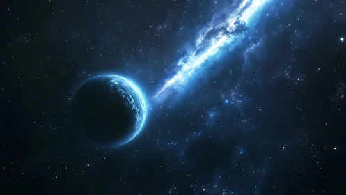 Planet lit by blue nebula stream in deep star field