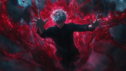 Dynamic anime sorcerer amid crimson vortex energy field.