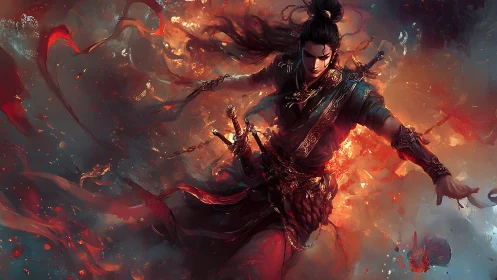 Warrior in swirling flames and smoke mid-leap motion.