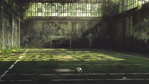 Abandoned indoor soccer court overgrown with greenery.
