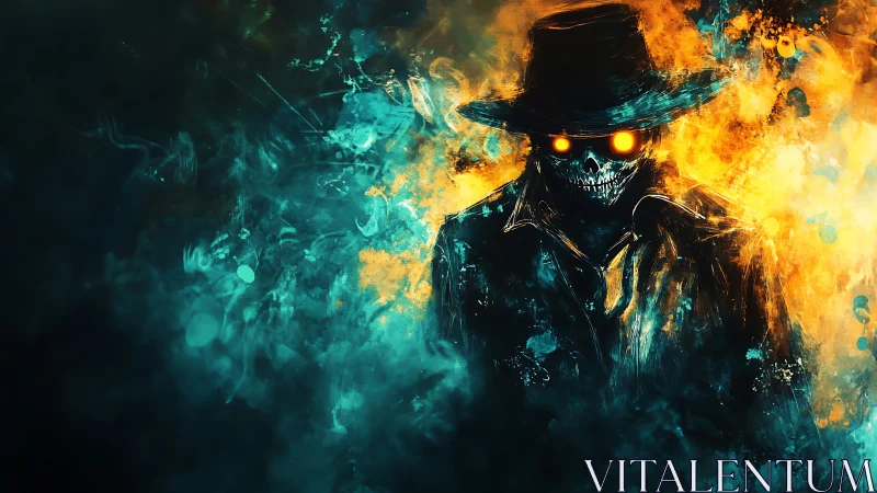 Skull-faced figure with hat in abstract fiery smoke field.