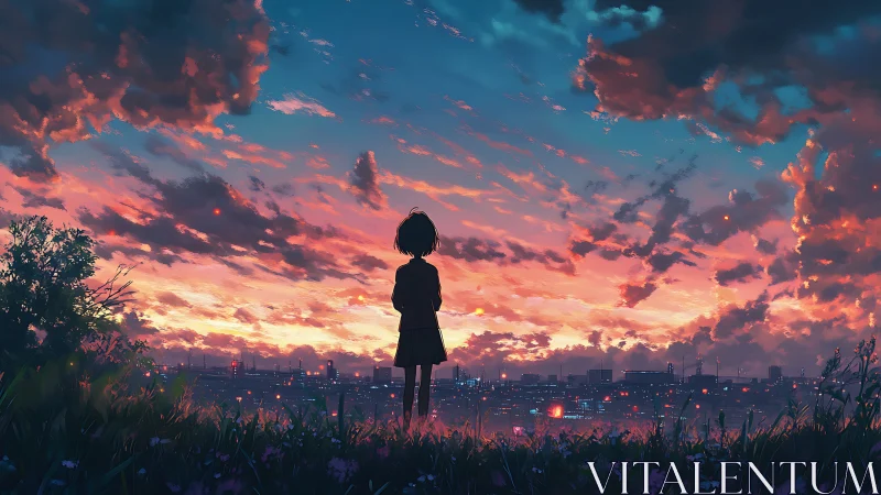 Solitary girl watches neon city under blazing sunset sky.