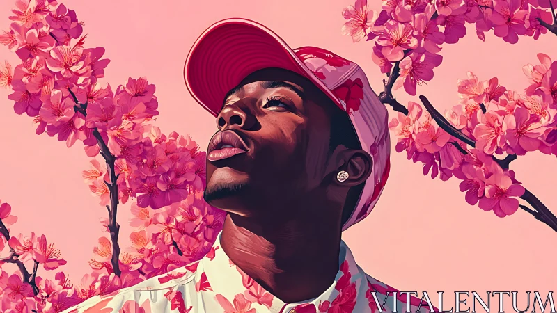 Blossom‑crowned dreamer gazes skyward in pink spring glow.