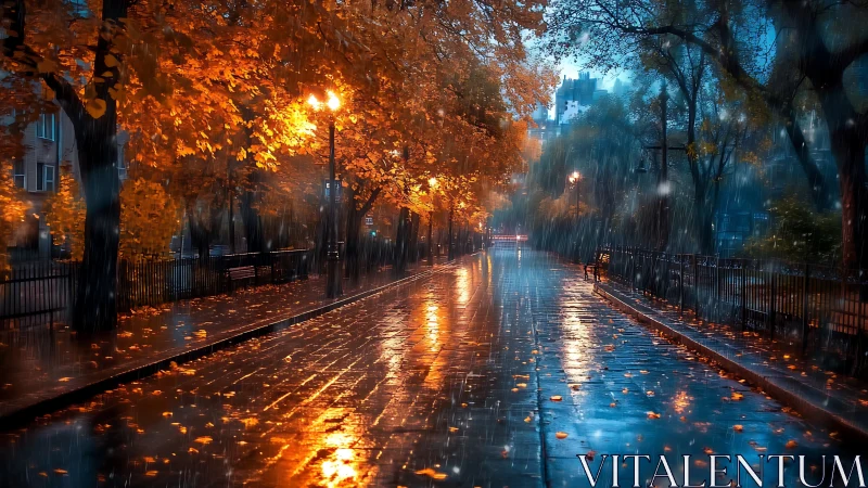 Rain soaked city avenue under glowing autumn trees at dusk.