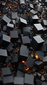 Volumetric black cubes drift above molten ember core glow