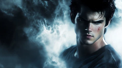 Brooding young fighter in dark misty blue atmosphere.