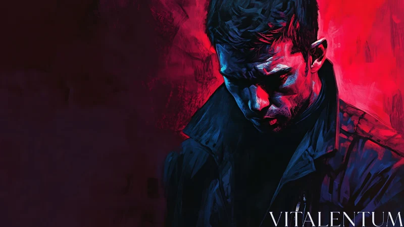 Male figure in dark coat against red abstract background.