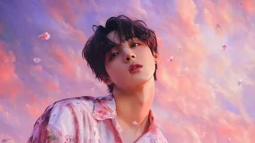 Chromatic portrait under volumetric sunset cloudfield sky.