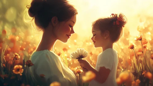 Mother and Daughter in Golden Flower Field at Sunset.