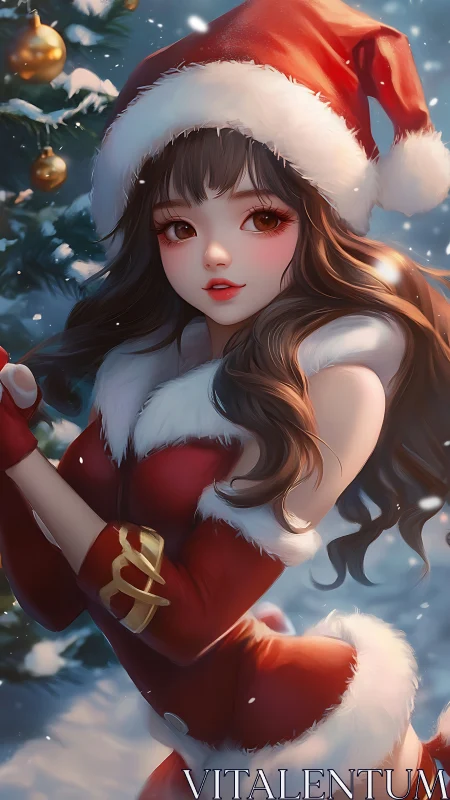 Female figure in red Santa outfit beside decorated tree.