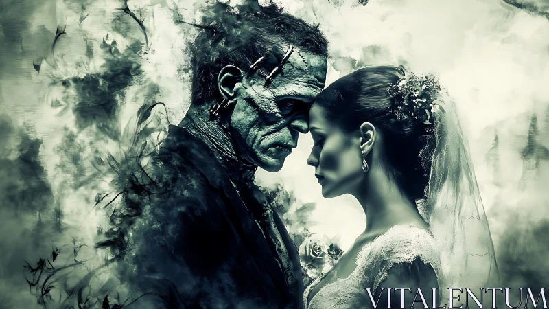 Monochrome Frankenstein groom confronts bridal figure in smoky vignette