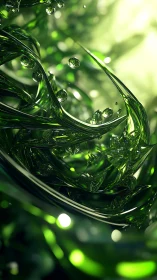 Emerald liquid strands twist around suspended crystal drops.