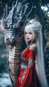 White haired woman in red robe beside armored dragon.