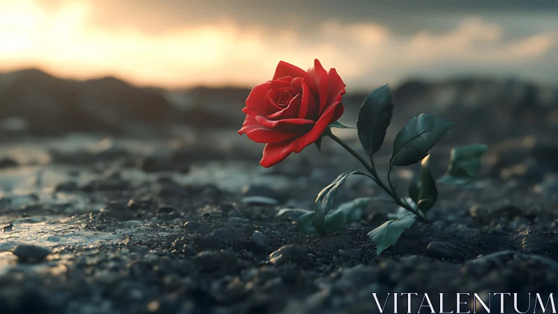 Solitary red rose emerges from barren ground at sunrise