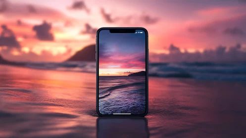 Smartphone on reflective beach with aligned sunset horizon.