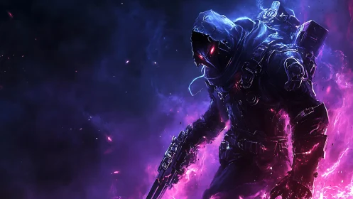 Lone neon rogue strides through swirling cosmic fire.