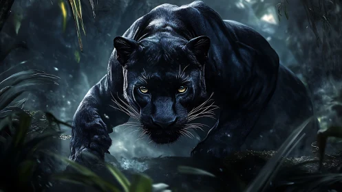Black Panther Portrait: Luminous Eyes in Jungle Darkness.