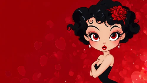 Stylized pinup character rendered with bold cel shading on red field