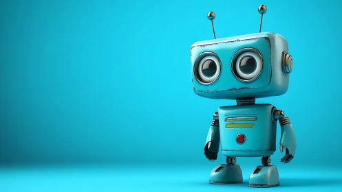 Cyan toy robot rendered in stylized glossy 3D character portrait
