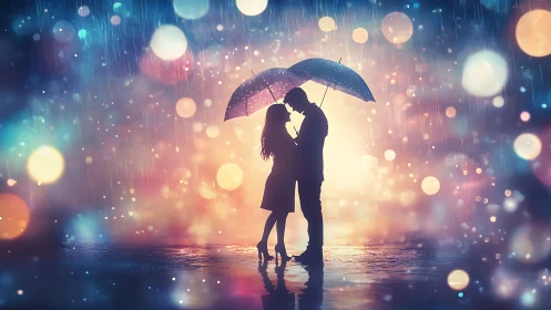 Couple Kissing in Rain with Umbrella Under Bokeh Lights
