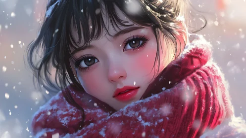 Winter portrait of girl in red scarf under drifting snow.