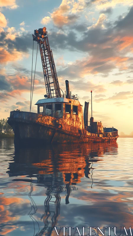 Rusting tugboat crane drifts quietly on a fiery sunset sea