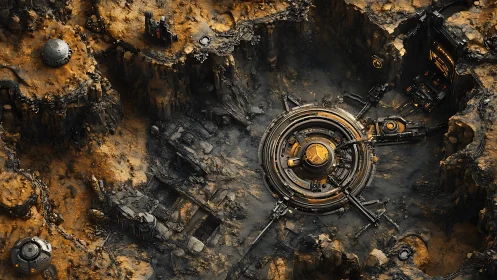 Futuristic desert excavation base encircles a glowing core.