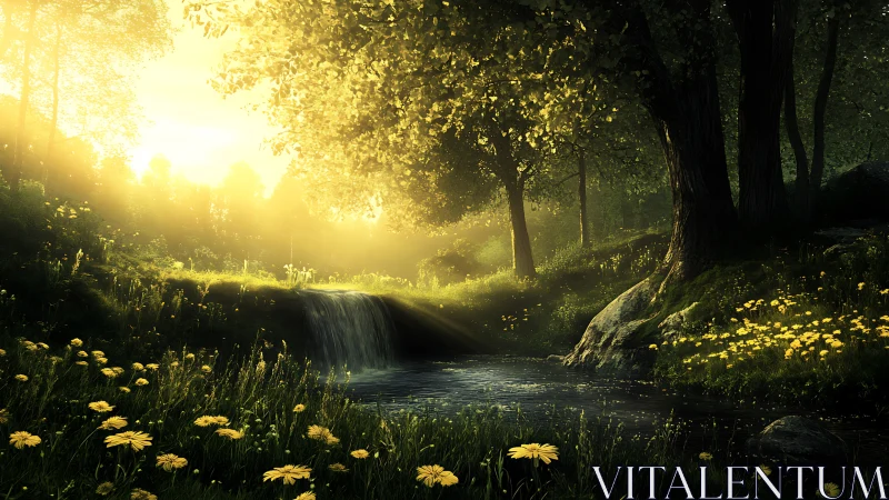 Sunlit forest stream captures atmospheric depth and luminous flora