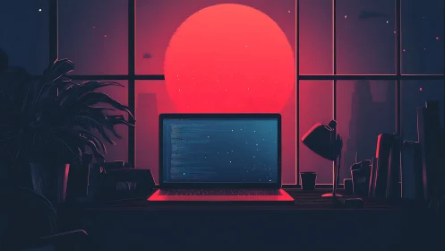 Laptop on desk before red sun over stylized city window.