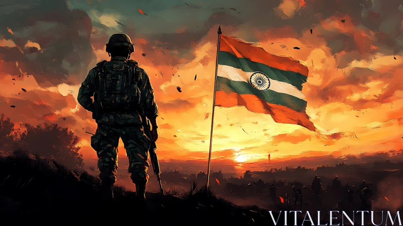 Indian soldier silhouette beside tricolour at fiery sunset sky.