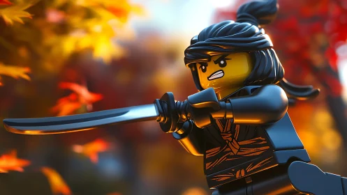 LEGO ninja minifigure with sword in autumn scene.
