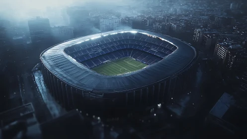 Floodlit football stadium in dense misty urban nightscape