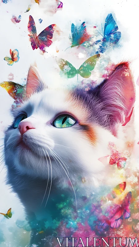 White cat gazes upward amid vivid swirling butterflies