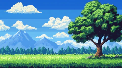 Pixel art landscape renders lone tree against alpine horizon