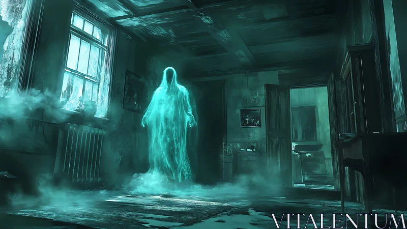 Translucent specter stands in decayed interior with green haze