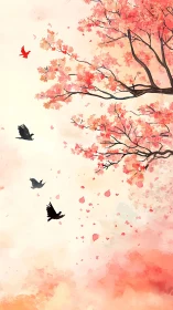 Cherry tree branches with birds in stylized spring sky.