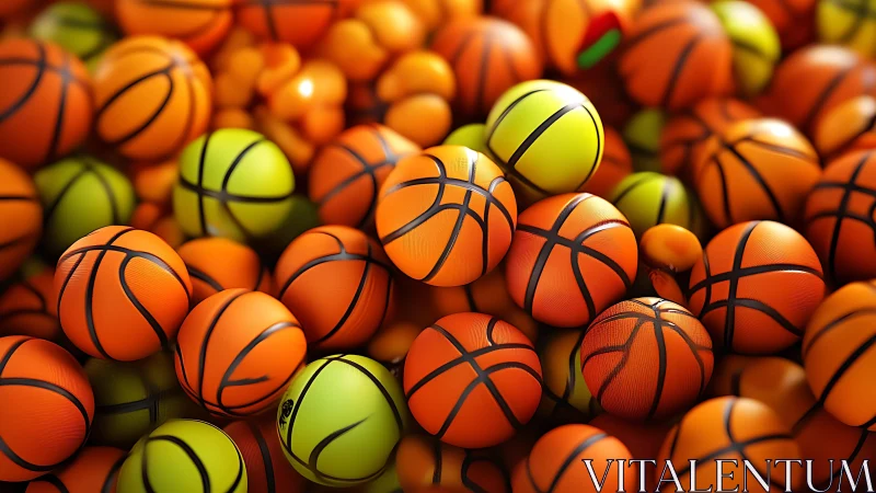 Dense cluster of textured basketballs rendered with shallow depth of field
