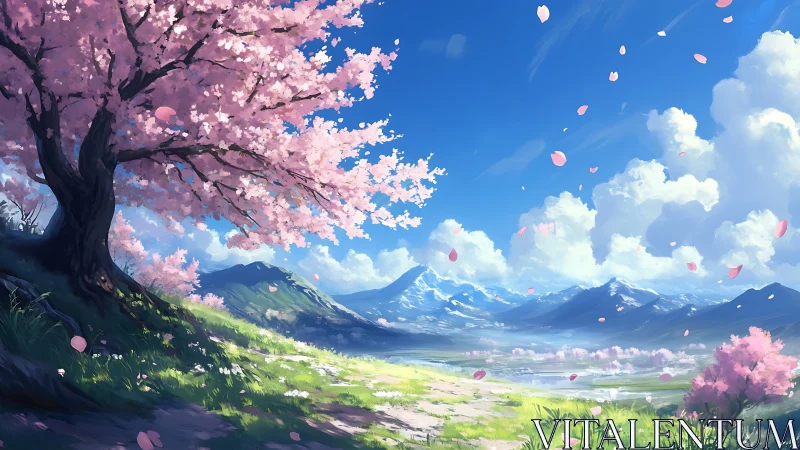 Cherry blossom hillside under bright alpine spring sky.
