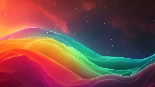 Neon gradient dunes under starry cosmic night sky.