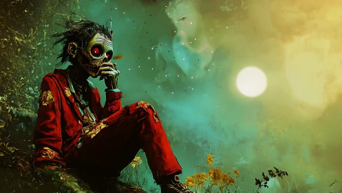 Skeletal figure in red suit seated under luminous sky.