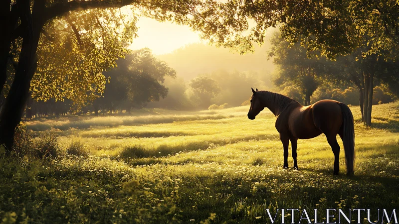 Brown horse standing in sunlit meadow under green trees.