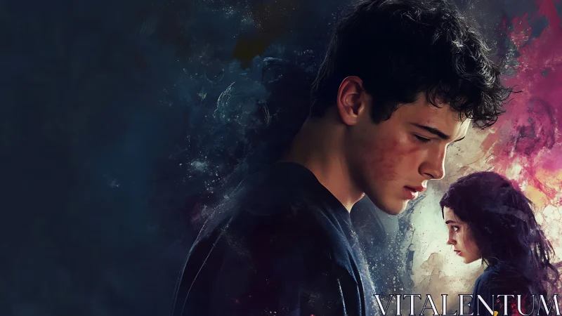 Bruised young man looks down while distant girl faces away