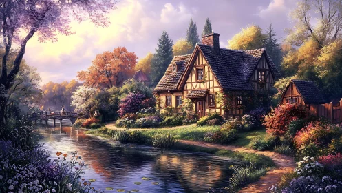 Cozy storybook cottage beside a sunlit, flower-lined river.
