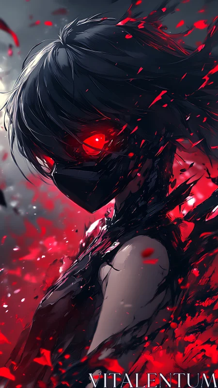 Masked figure with red glowing eyes amid dispersed fragments