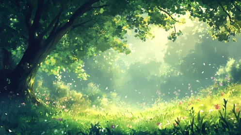 Forest Clearing with Luminous Tree Canopy and Wildflower Field