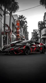 Black supercar with red wrap on monochrome city street.