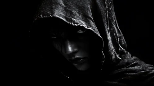 Hooded figure in dramatic low key monochrome portrait.