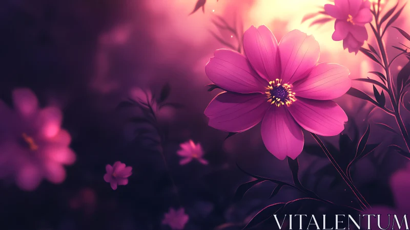 Illuminated Cosmos Flower with Luminous Bloom Rendering Technique