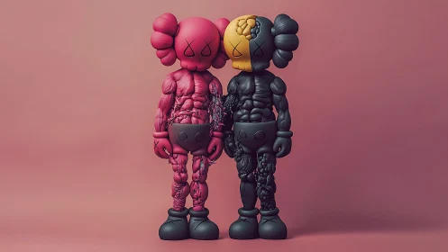 Symmetric dissected vinyl figures expose stylized muscular anatomy