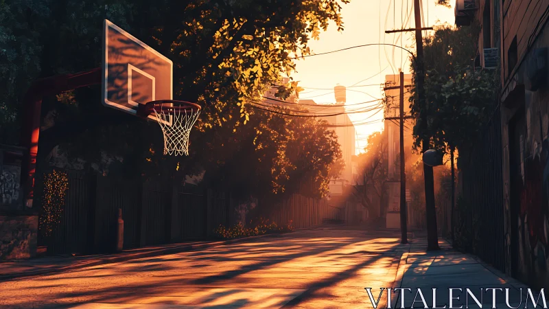 Golden hour hush over a quiet city basketball court street.